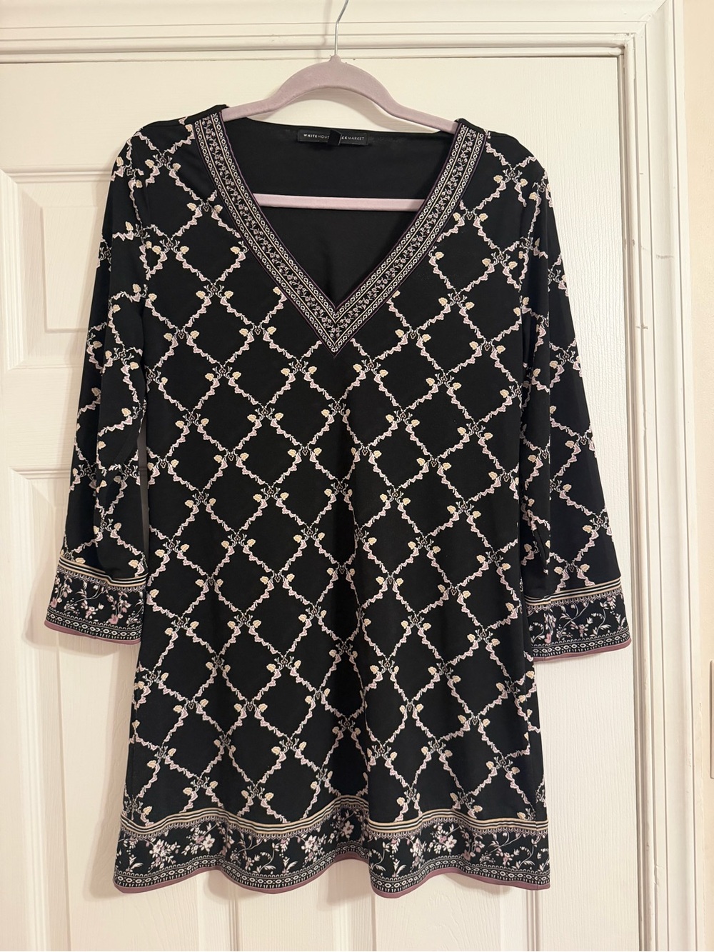 White House Black Market Black Tunic with Cream Lattice & Floral Trim